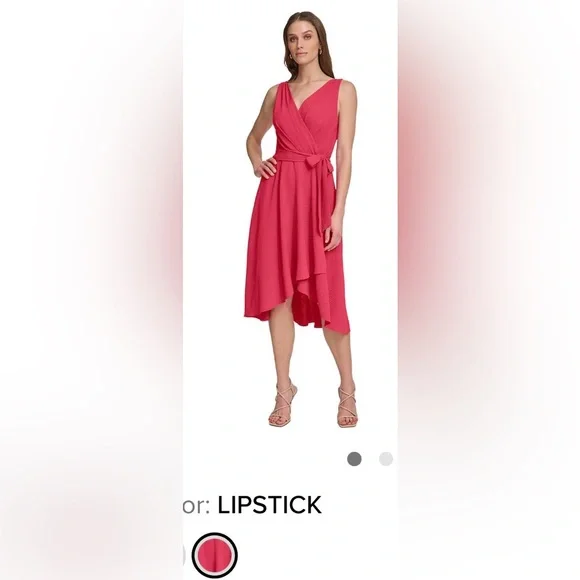 DKNY Women's Sleeveless V-Neck Coral Lipstick Midi Dress - Picture 4 of 8